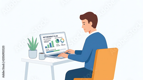 Young man working on a retirement plan on his laptop computer at a desk
