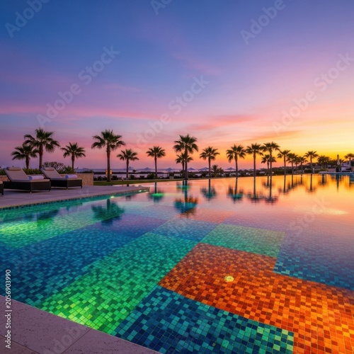 Beautiful tropical resort swimming pool at sunset with palm trees and vibrant sky reflection.