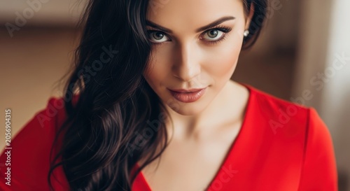 Beautiful Woman with Dark Wavy Hair Wearing a Red Dress.