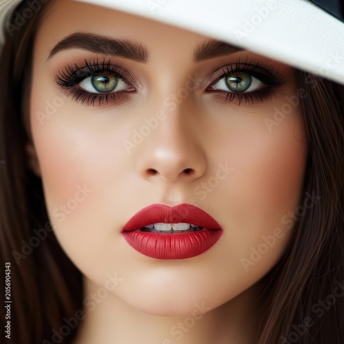 Beautiful Woman with Red Lipstick and Glamorous Makeup.