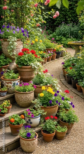 Beautifully Decorated Garden Staircase Overflowing with Colorful Potted Flowers.