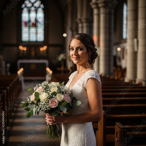 Beautiful Bride Holding Bouquet Inside Church During Wedding Ceremony.