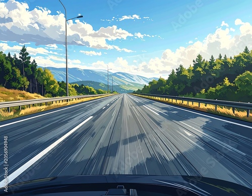 Scenic Empty Highway Stretching Through Forested Mountains Under Bright Blue Sky