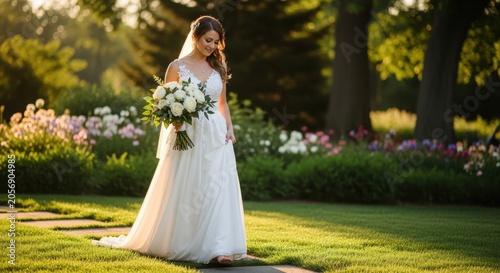 Beautiful Bride in Wedding Dress Holding Bouquet in Garden.