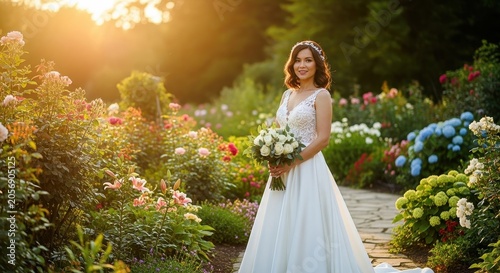 Beautiful Bride Posing in a Lush Garden During Golden Hour.