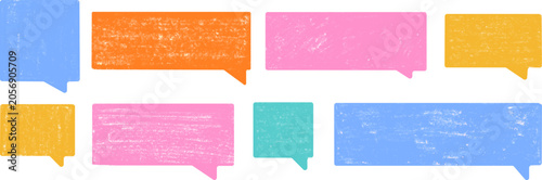 Chalk-textured speech bubble frames. Text boxes in vibrant colors featuring artistic brush strokes ideal for children's books, blogs, and chat interface designs