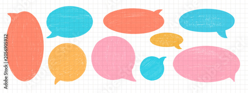 Hand-drawn speech bubble frames. Colorful text boxes in crayon doodle style ideal for dialog design and playful communication projects