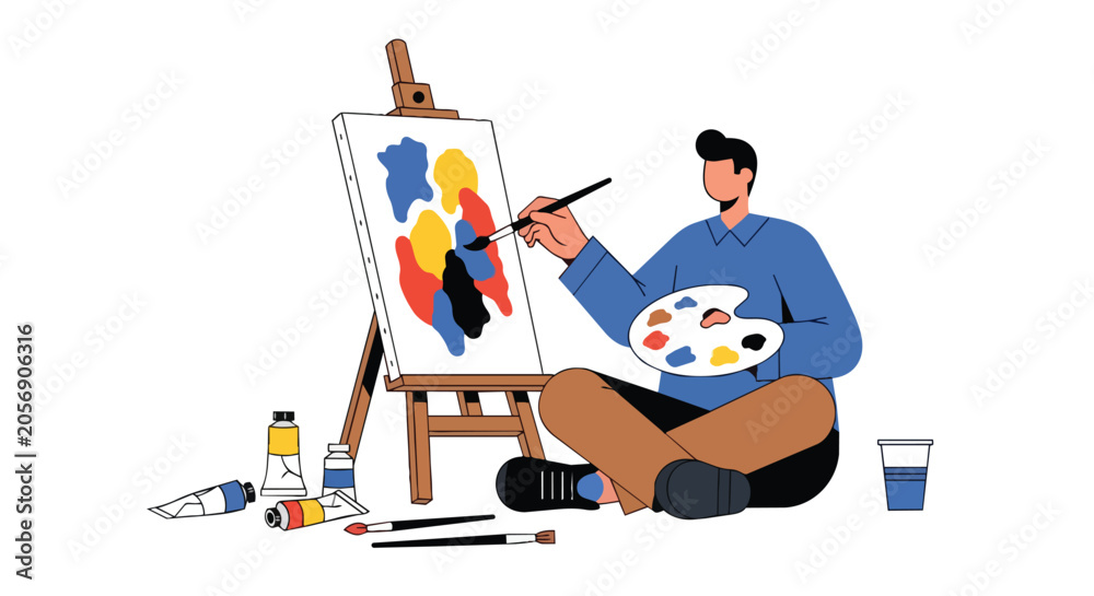 Naklejka premium Creative Man Sitting on Floor Painting Abstract Art on Easel with Brushes and Palette