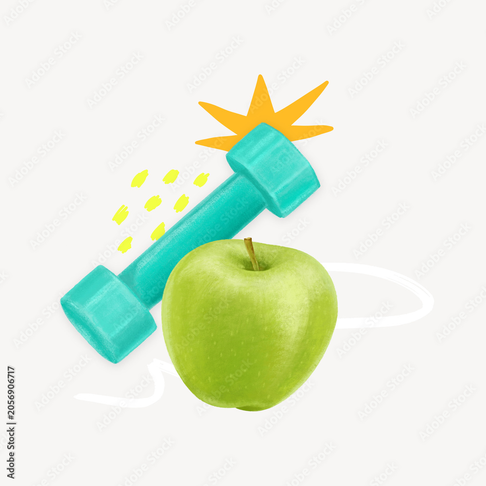 Obraz premium Dumbbell and apple, healthy diet remix