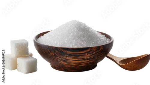 Photos Isolated sugar bowl with granulated white sugar, sweet cubes, and wooden spoon