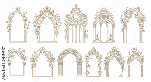 Bild auf Leinwand Ornate Gothic Arch Window Frames, Beige Architectural Elements, 10 Decorative Bo