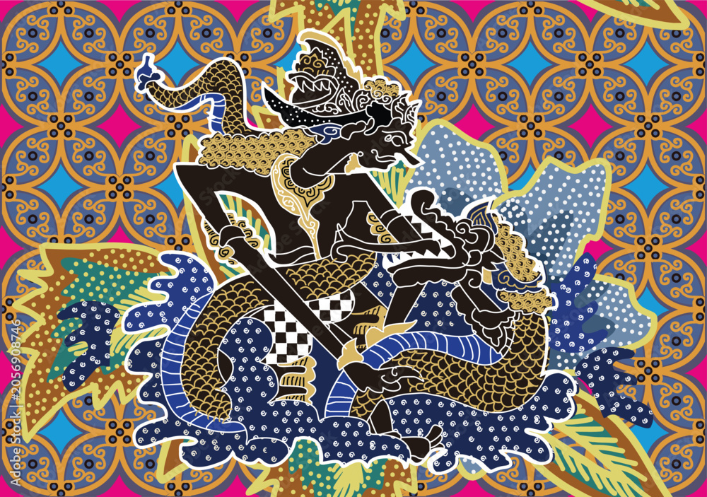 Naklejka premium Batik with a very beautiful and unique motif of the Werkudoro puppet being bitten by a dragon snake