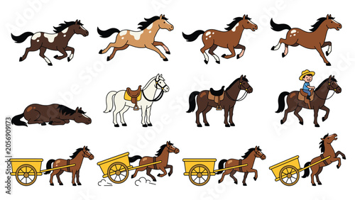 Obraz na płótnie Set of cartoon horses in various poses and actions, including rider and cart