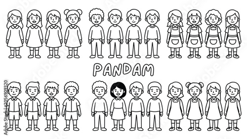 Foto Large collection of diverse school children characters organized in rows outline drawing