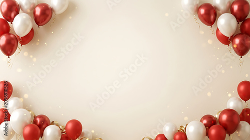 Festive Red and White Balloons Forming a Decorative Frame on a Creamy Background with Subtle Sparkles