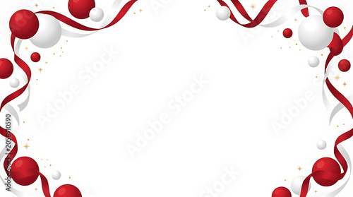 Elegant Red and White Festive Ribbon and Sphere Border Background on White