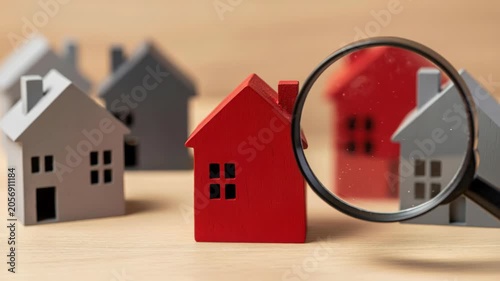 Magnified Red House: A single red house is examined closely with a magnifying glass, standing out amongst a selection of grey and blue houses, symbolizing selection and inspection in real estate.