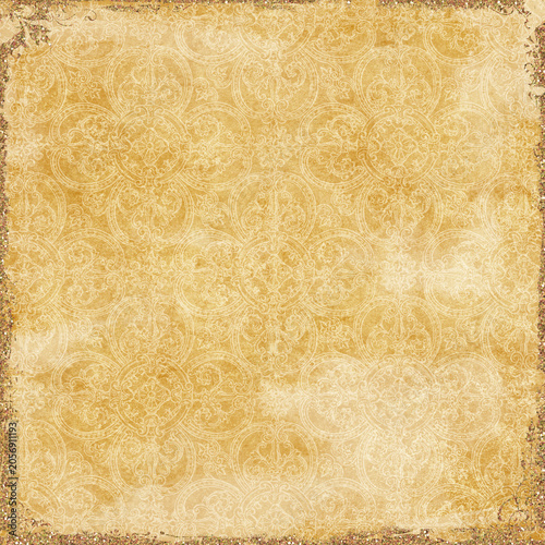 Obraz na plátně Luxury beige ornamental wallpaper background with intricate vintage medallion pattern and distressed glitter border