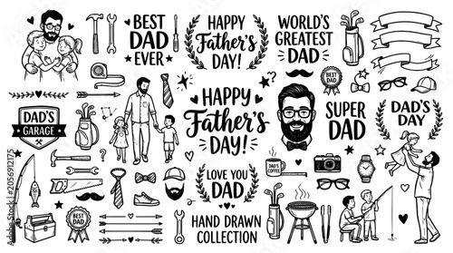 Hand drawn fathers day doodle set with dad, children, tools and accessories