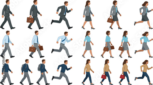 Business people character set with men and women walking running and commuting in corporate office clothing