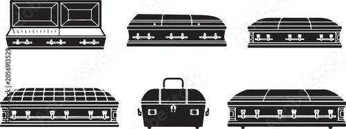 Tableau sur toile Collection of various solemn funeral caskets and coffins including an open ornate coffin and a simple burial box for sad occasions