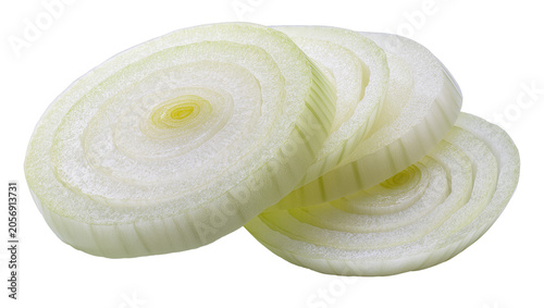 Cuadro en lienzo Isolated raw fresh white onion slices, perfectly cut, showing delicate transluce