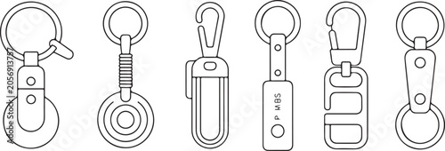 Assortment of six keychains featuring carabiners and rings, various shapes and sizes, simple line art on grey background.