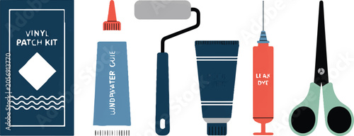 Foto Repair kit for vinyl patches, including glue, roller, syringe, and scissors for patching and mending items