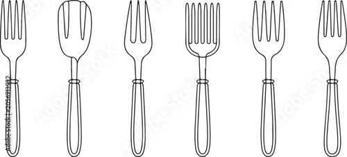 Photos Set of six cutlery flatware forks and spoon outline drawing on transparent background