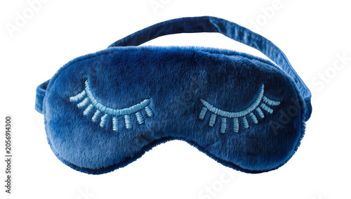 Photos Isolated blue fluffy sleeping mask with embroidered closed eyelashes for comfort