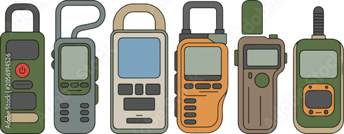 Photos Six handheld portable radio communication devices with antenna and buttons isolated on light gray transparent background surface