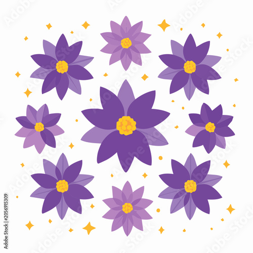 Purple Flowers with Yellow Centers and Sparkles