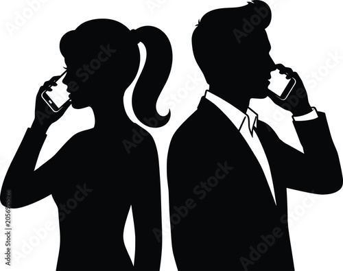 Silhouettes of business man and woman standing back to back talking on mobile phones on white background