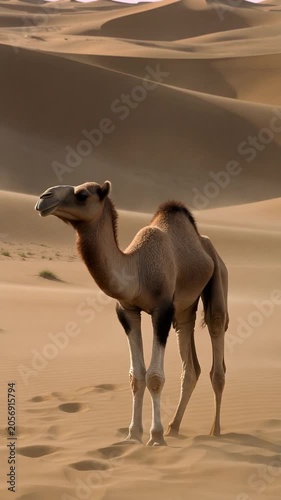 Baby Camel Standing Alone in a Vast Sandy Desert Landscape with Rolling Dunes