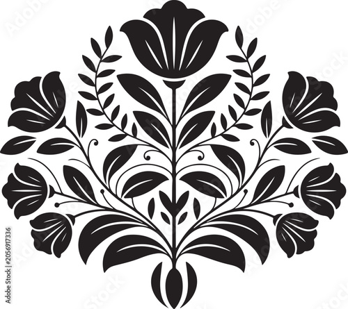 Black silhouette of a symmetrical vintage floral ornament