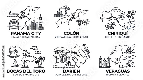 Canvastavla Panama Regions Line Art Icons: City, Port, Highlands, Islands, Jungle, History