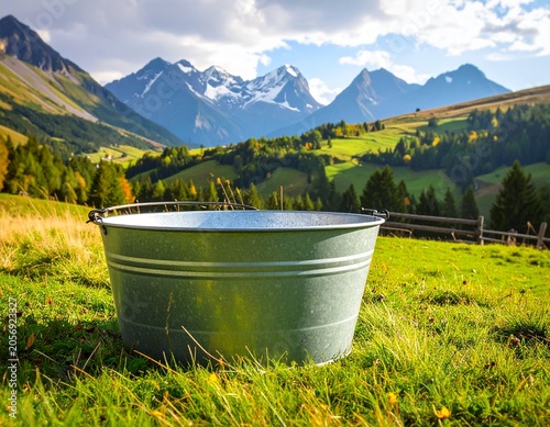 Metal tub in scenic mountain pasture