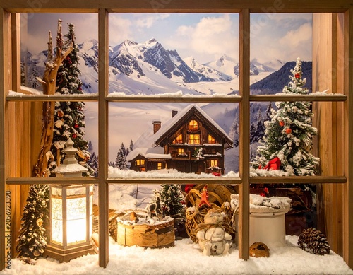 Festive snow-covered window scene