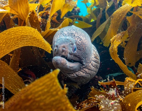Moray eel emerges from seaweed