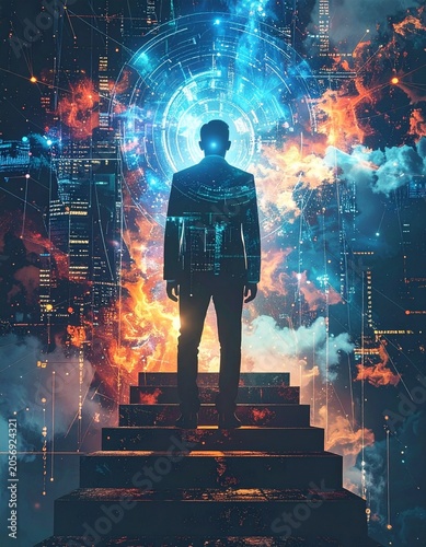 Man in suit at technological portal