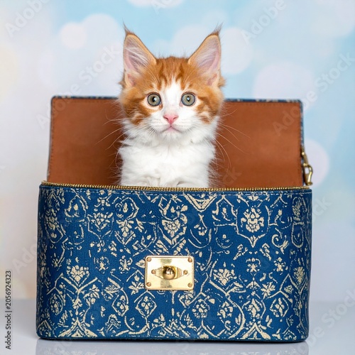 Fluffy kitten in patterned bag