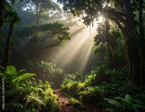 Lush, sunlit jungle path