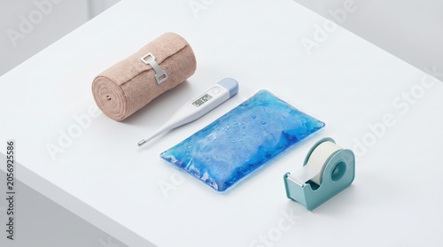 Medical First Aid Kit Supplies for Ankle Sprain Treatment with Compression Bandage Ice Pack Thermometer and Tape