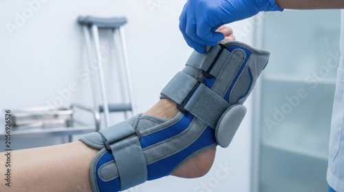 Healthcare professional adjusting orthopedic brace on a patient's sprained ankle for injury recovery and support