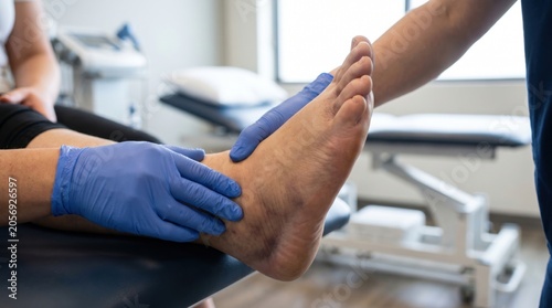 Medical examination of a bruised swollen ankle sprain by a professional healthcare worker in a clinical setting