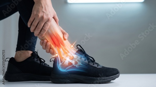 Close up of person holding painful ankle sprain with anatomical medical illustration showing bone and ligament injury