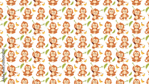 Photography Cute cartoon monkeys with banana and leaf motifs