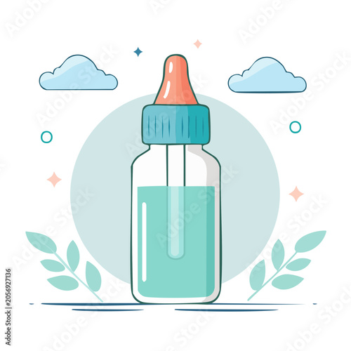 Flat design dropper bottle with liquid and decorative elements