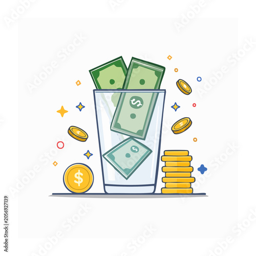 Flat design money bag with coins and dollar bills