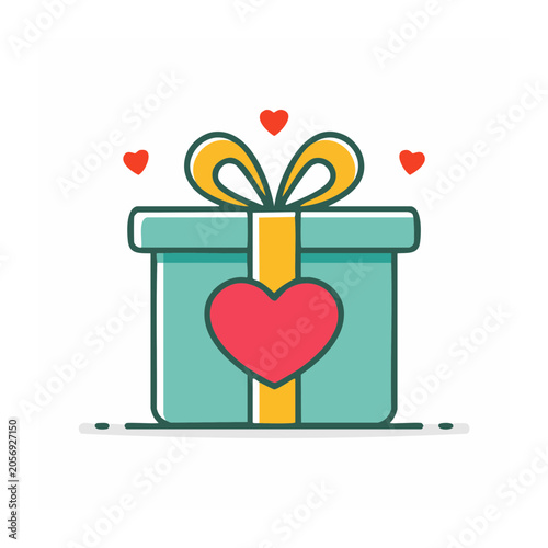 Gift box with heart and ribbon, flat design icon